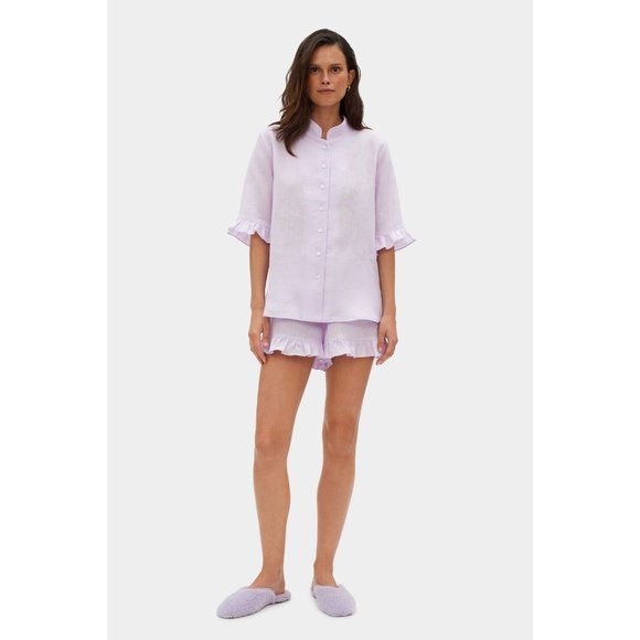 Sleeper Linen Lounge Suit Set Short Sleeve Shirt Shorts Ruffle Lavender Purple S - Picture 1 of 11